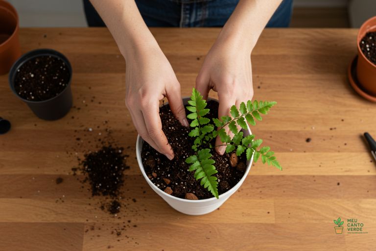 Mãos plantando uma Samambaia em um vaso autoirrigável com substrato rico em fibra de coco.