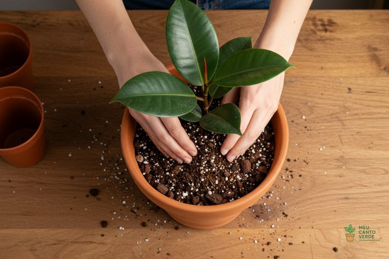 Mãos preparando um substrato leve e aerado para o transplante de um Ficus Lyrata em um vaso de terracota.