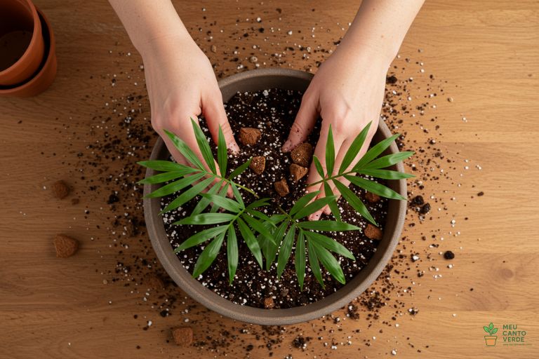 Mãos preparando um substrato rico e aerado para o plantio de uma Palmeira Areca.