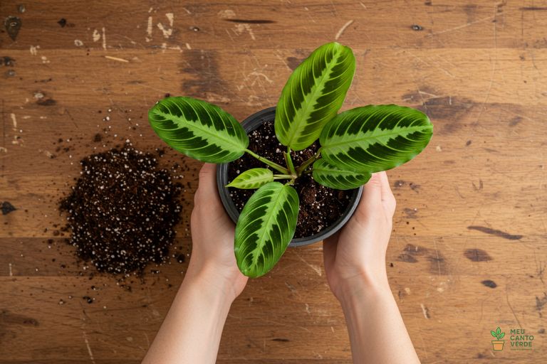 Mãos preparando um substrato rico em fibra de coco para o plantio de uma Maranta em um vaso de plástico.