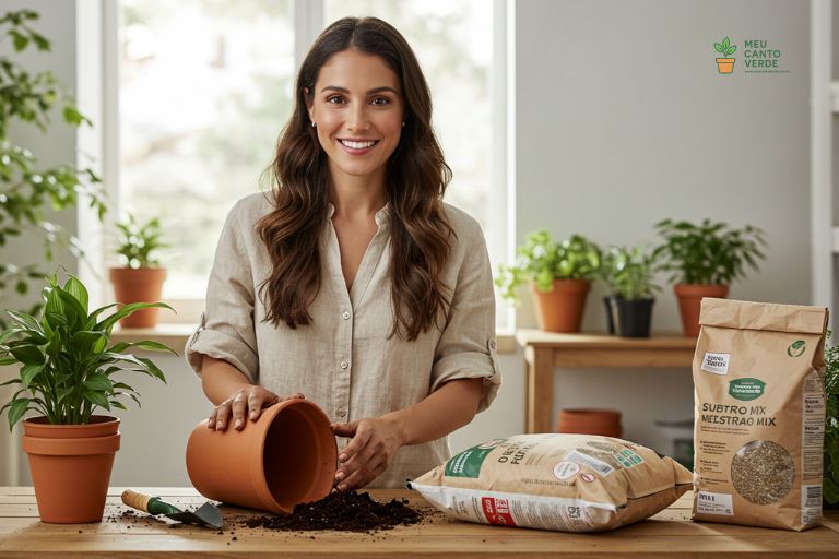 Clara Verde, especialista em plantas, sorrindo em sua bancada de jardinagem enquanto prepara um vaso de terracota com substrato para um novo plantio.