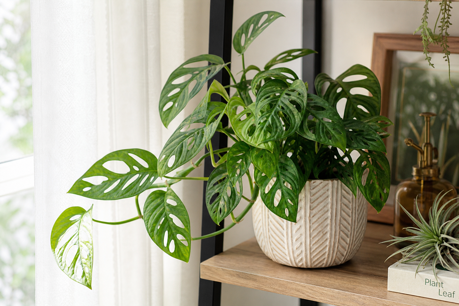 Monstera adansonii recebendo luz indireta brilhante perto de uma janela