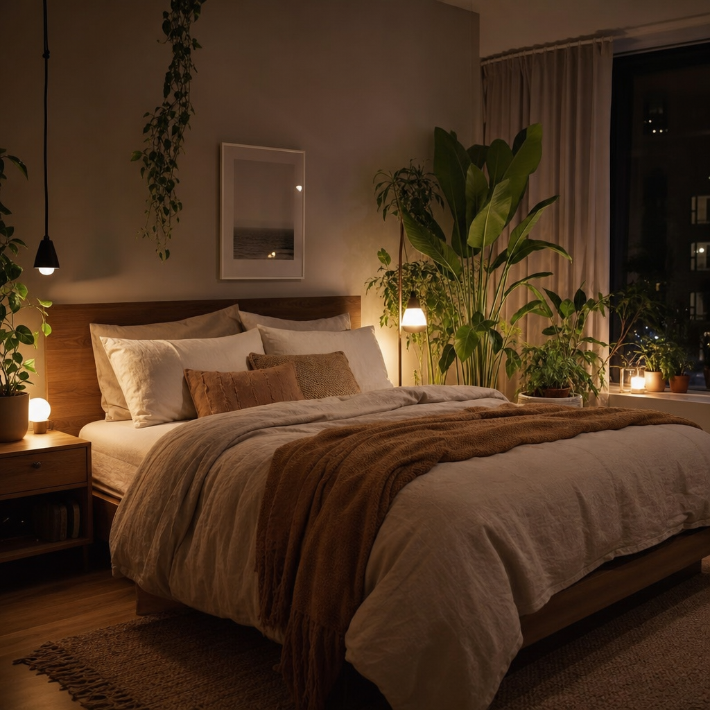 Quarto aconchegante decorado com plantas de interior próximas à cama