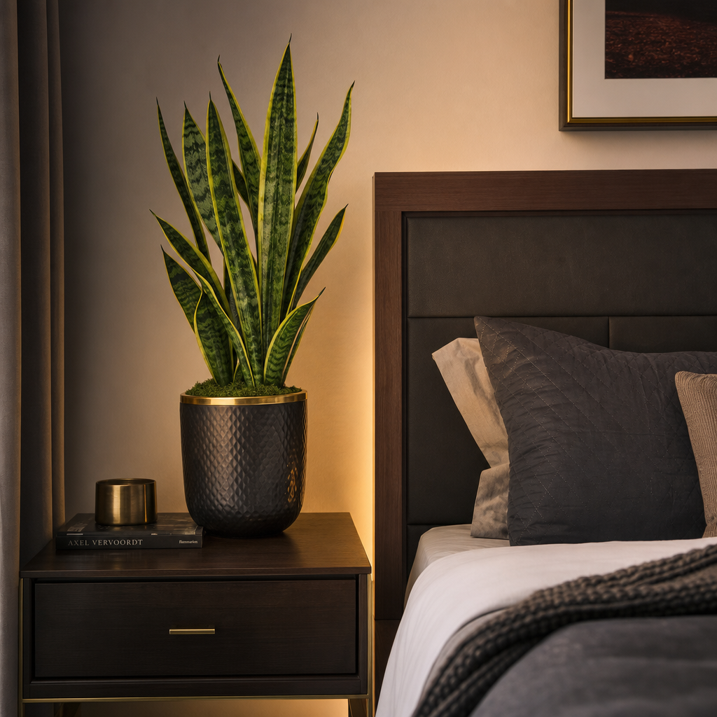 Planta Espada-de-São-Jorge em um vaso elegante na cabeceira da cama