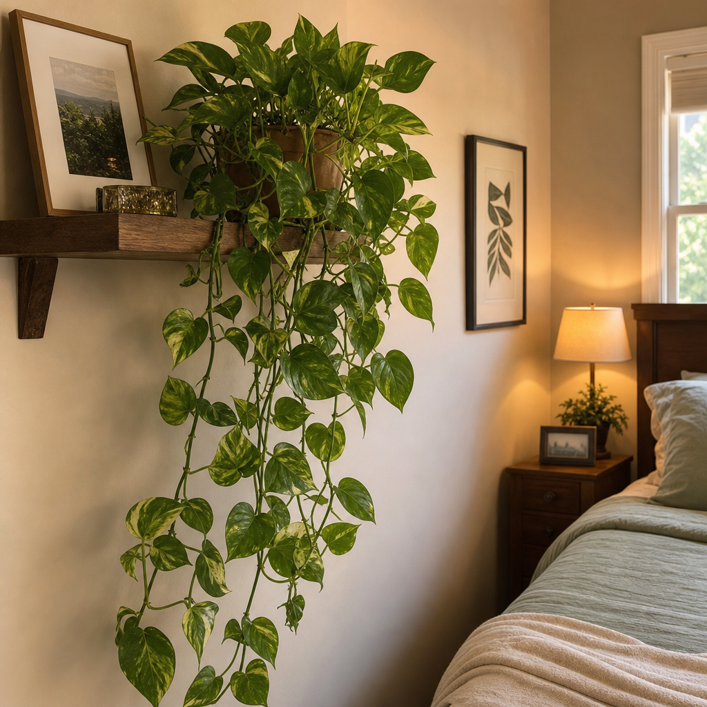Planta Jiboia pendente em uma prateleira do quarto