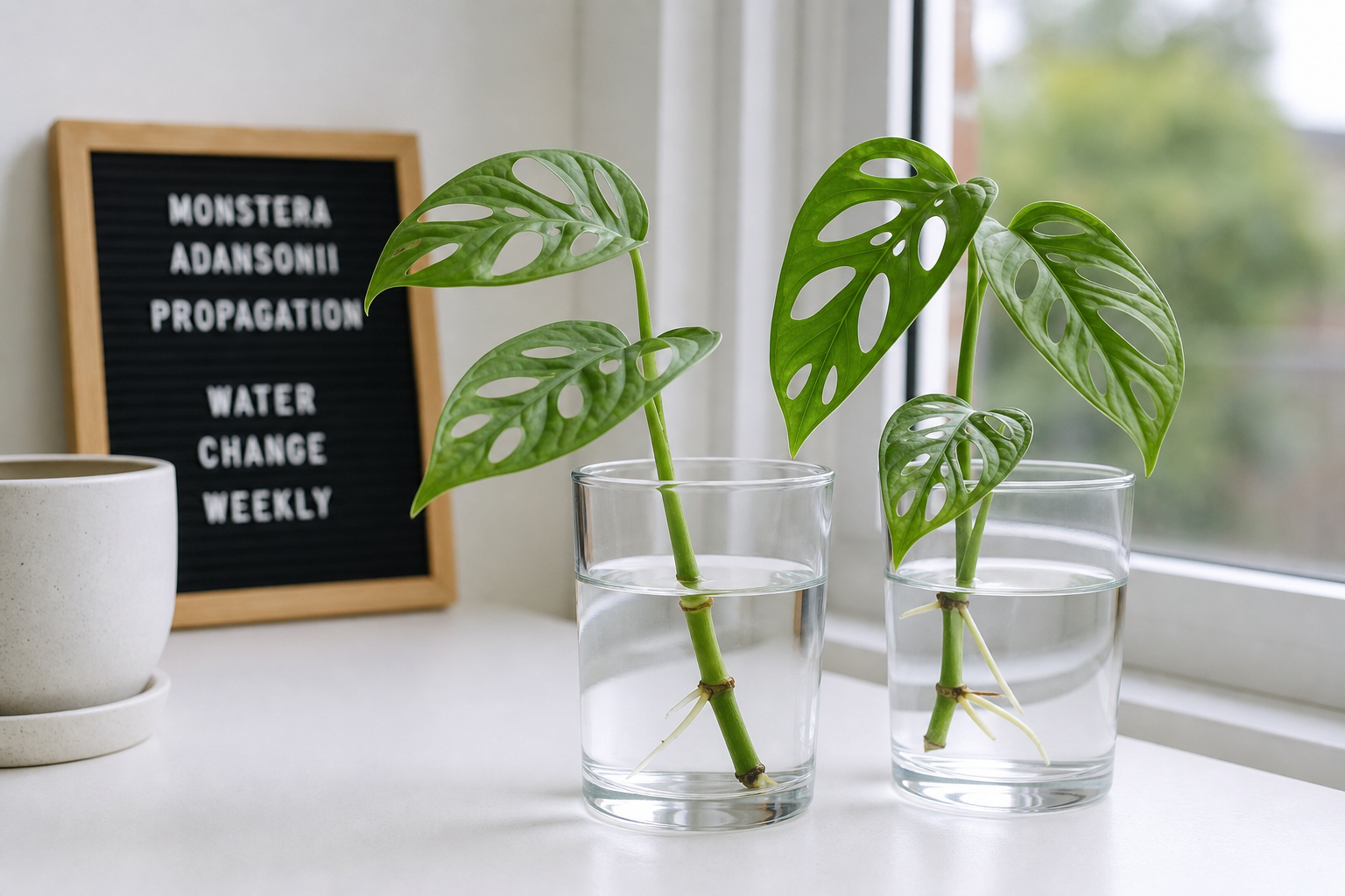 Estacas de Monstera adansonii enraizando em água
