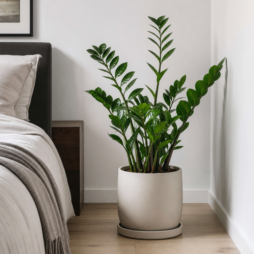 Zamioculca com folhas brilhantes em um canto iluminado do quarto