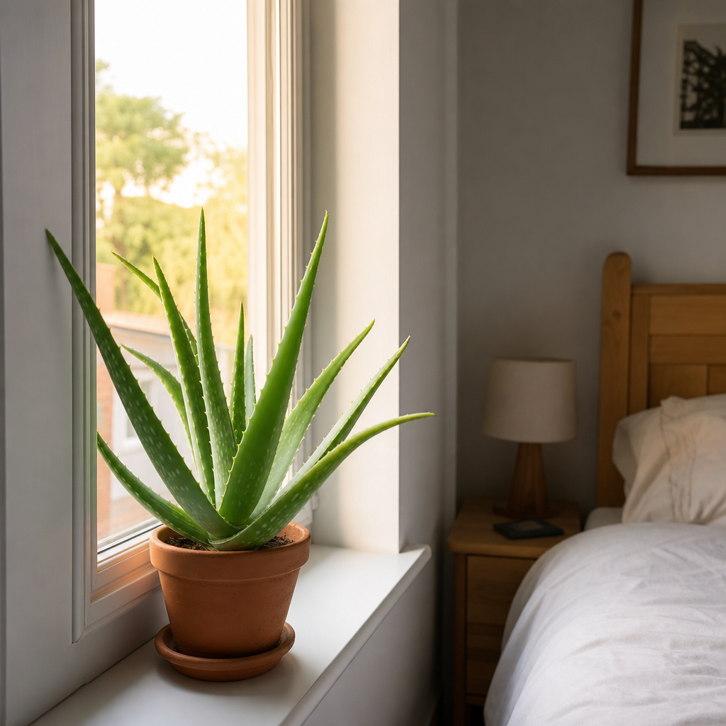 Planta de Aloe Vera em vaso de cerâmica na mesa de cabeceira