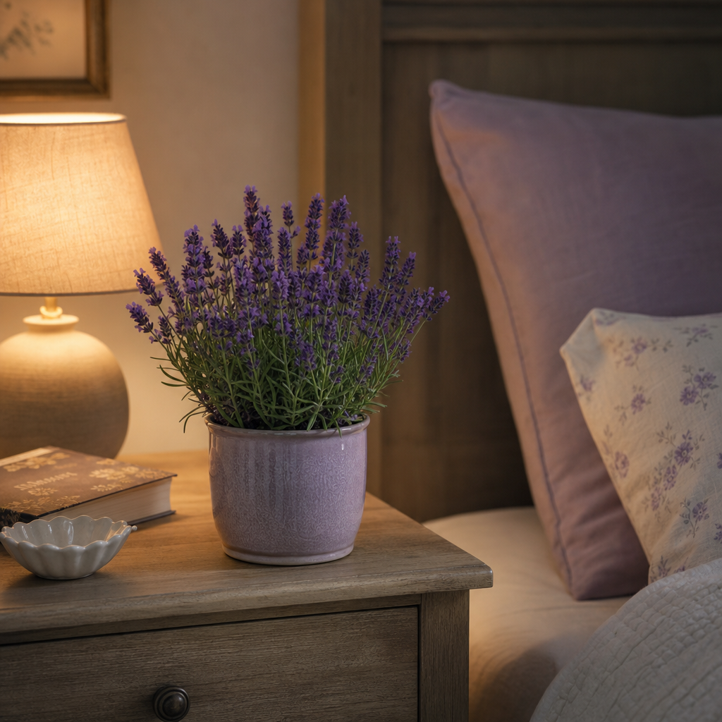Vaso de Lavanda roxa sobre a mesa de cabeceira ao lado da cama