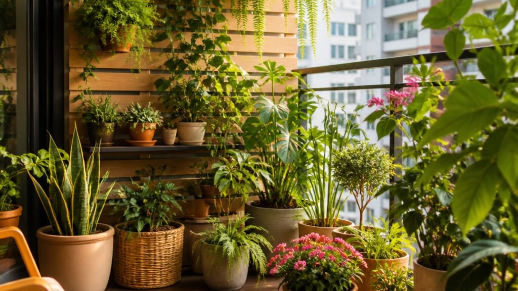 Jardim de apartamento com várias plantas em vasos, bem cuidado e iluminado.