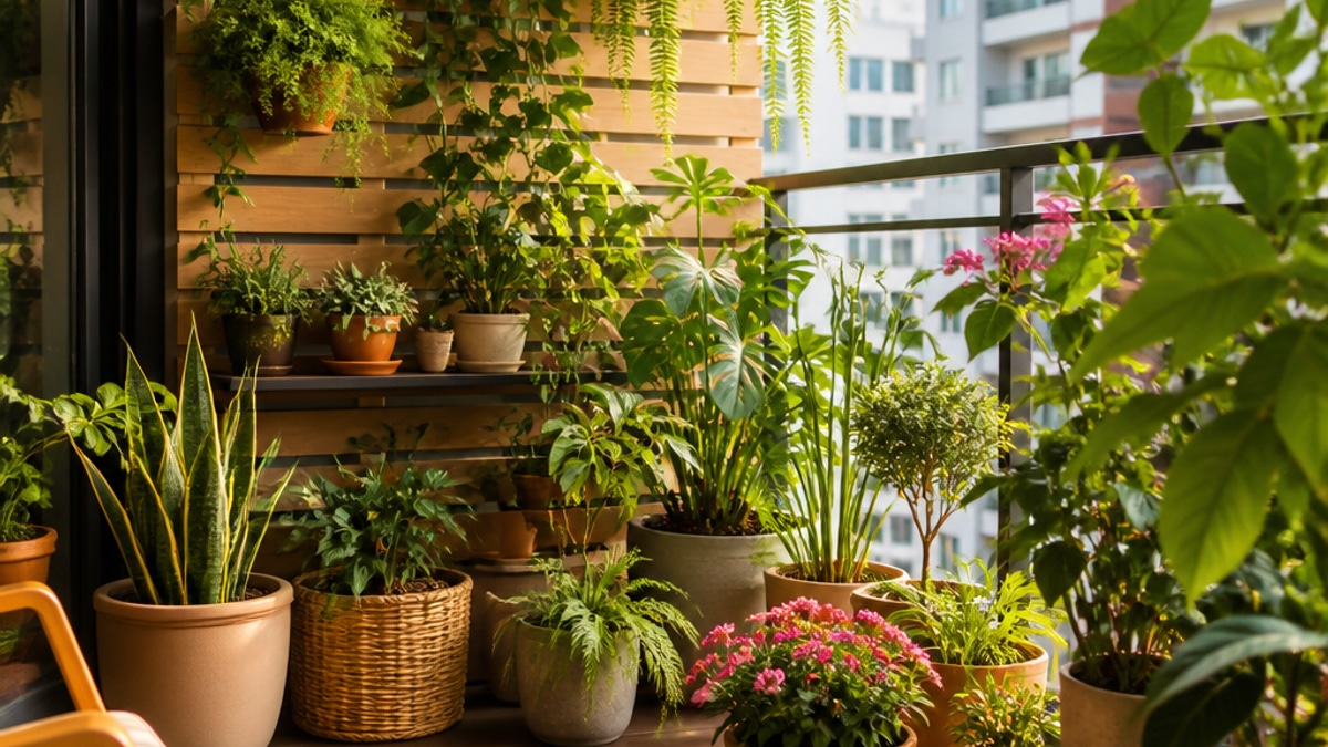 Jardim de apartamento com várias plantas em vasos, bem cuidado e iluminado.