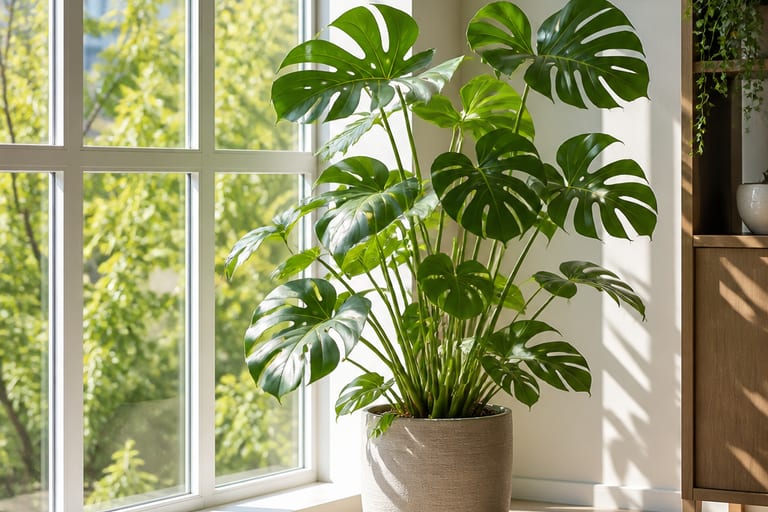 Planta em um ambiente interno com janelas grandes, recebendo luz natural.