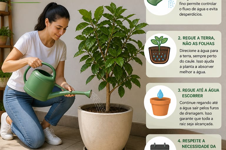 Pessoa regando uma planta com um regador prático, ilustrando a técnica adequada de rega.