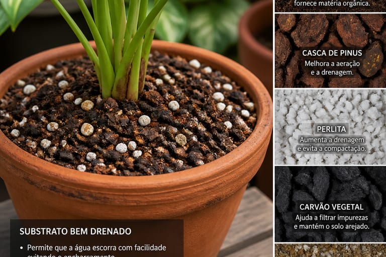 Vaso de planta com substrato bem drenado, mostrando a textura e a composição do solo.