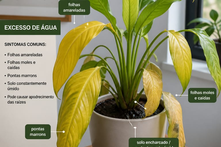 Planta com folhas amareladas, mostrando sintomas de excesso de água em ambiente interno.