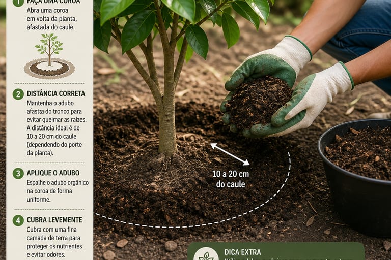 Pessoa aplicando adubo orgânico em uma planta, mostrando a técnica correta de adubação.