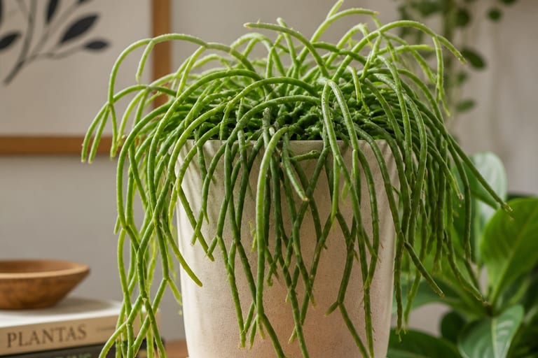 Cacto Macarrão saudável sob luz indireta em ambiente interno.