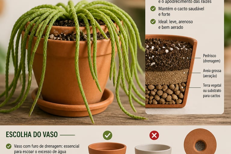 Cacto macarrão em vaso, mostrando substrato bem drenado e vaso adequado para cultivo.