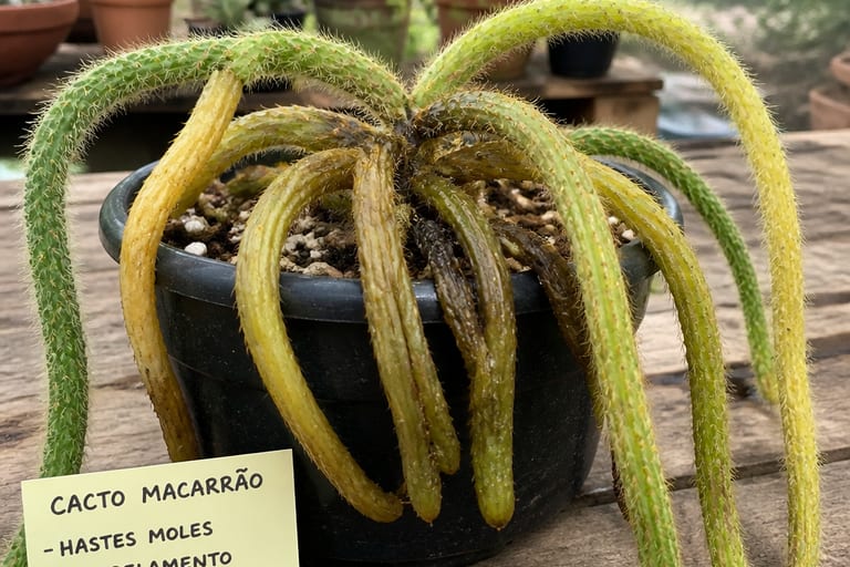 Cacto Macarrão com hastes moles e folhas amareladas em ambiente de cultivo.