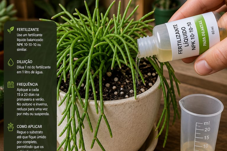 Cacto macarrão em vaso recebendo adubação com fertilizante líquido.