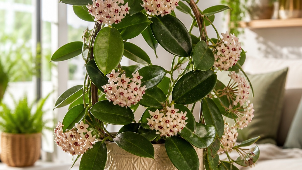 Planta Hoya com folhas verdes e flores em um vaso decorativo, em uma sala bem iluminada.