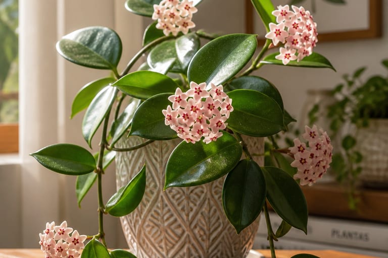 Planta Hoya com folhas verdes brilhantes e flores em um vaso decorativo, recebendo luz indireta em ambiente interno.