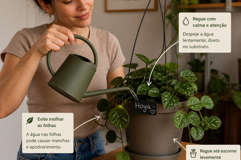 Pessoa regando uma planta Hoya com um regador em um ambiente interno.