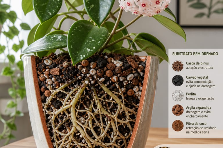 Hoya em vaso de cerâmica com substrato drenado e raízes saudáveis em ambiente interno.