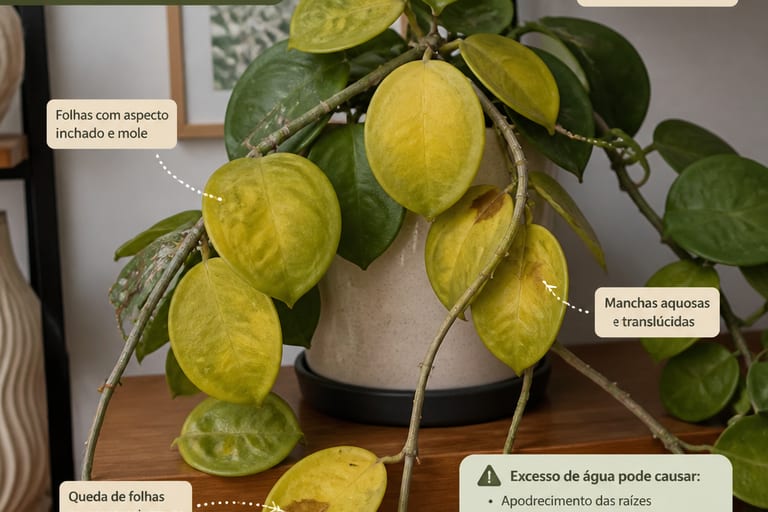 Hoya com folhas amareladas, mostrando sintomas de excesso de água em ambiente interno.