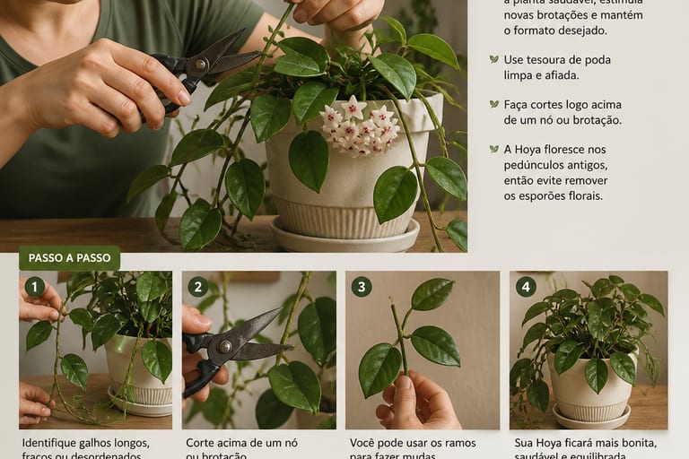 Pessoa podando uma planta Hoya com técnica cuidadosa em ambiente interno.