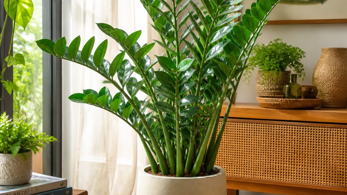 Imagem de uma zamioculca saudável em vaso, posicionada perto de uma janela com luz filtrada, destacando suas folhas verdes e brilhantes em um ambiente decorado com elementos naturais.