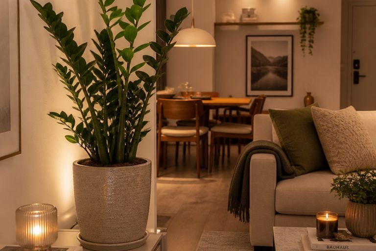 Ambiente de apartamento bem decorado com uma planta zamioculca em destaque, apresentando iluminação suave e elementos decorativos.