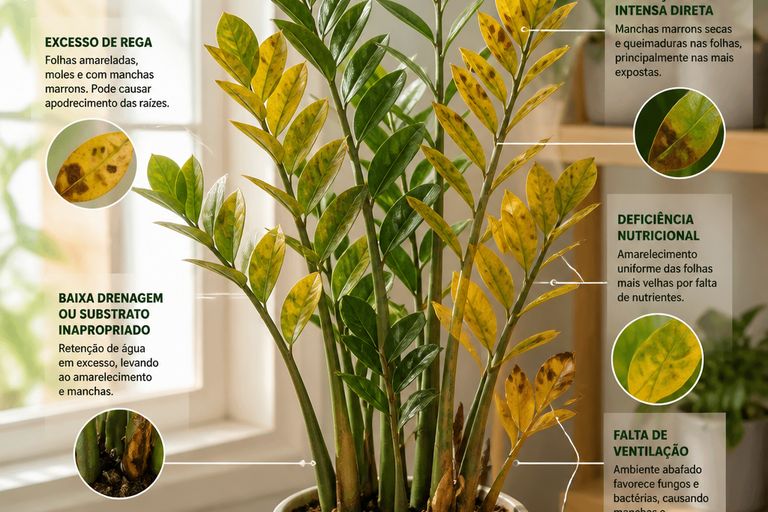 Imagem de uma zamioculca com folhas amareladas e manchas marrons em um ambiente de cultivo bem iluminado.