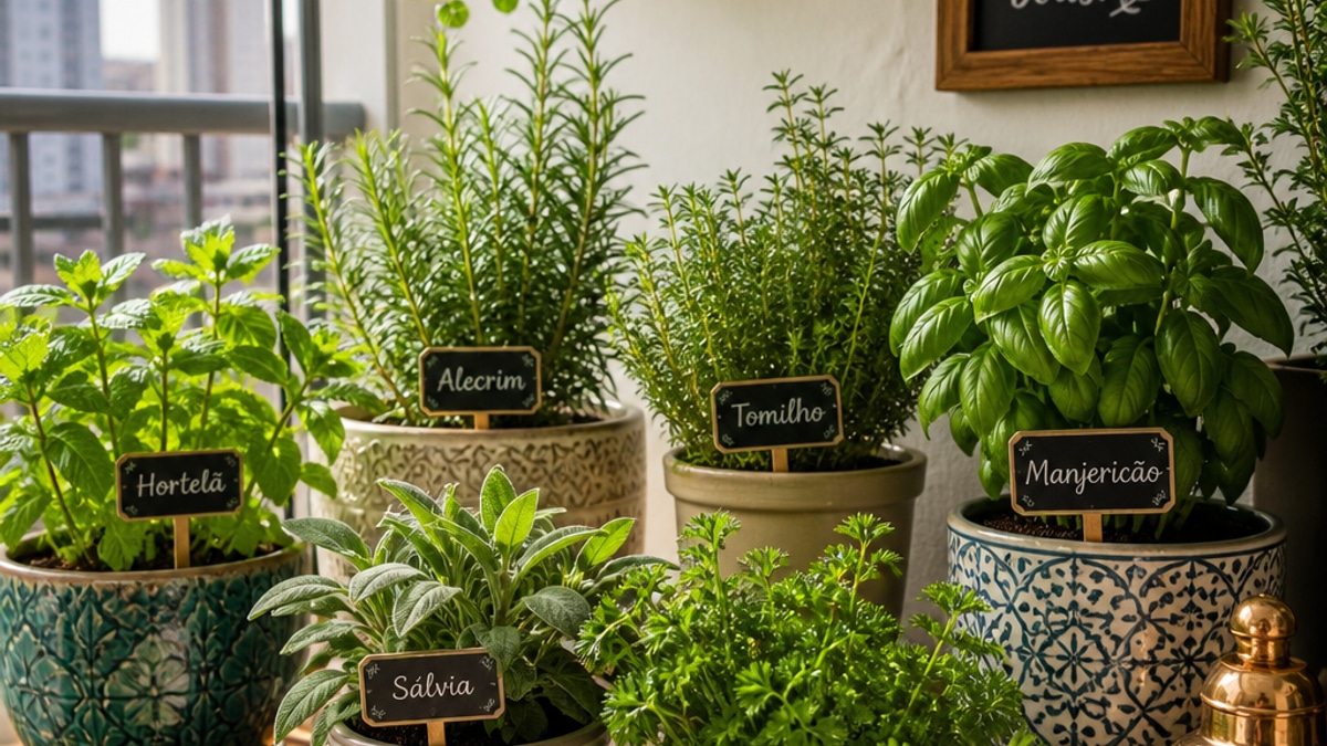 Jardim de ervas aromáticas em apartamento, com luz natural e diferentes variedades de ervas em vasos decorativos.