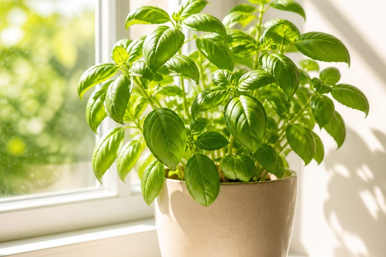 Planta aromática com folhas verdes e saudáveis recebendo luz solar em uma janela com fundo claro.