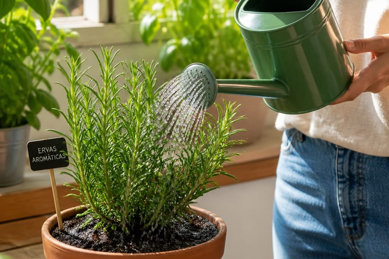 Pessoa regando uma planta aromática com um regador, água sendo distribuída uniformemente sobre o solo em um ambiente bem iluminado.