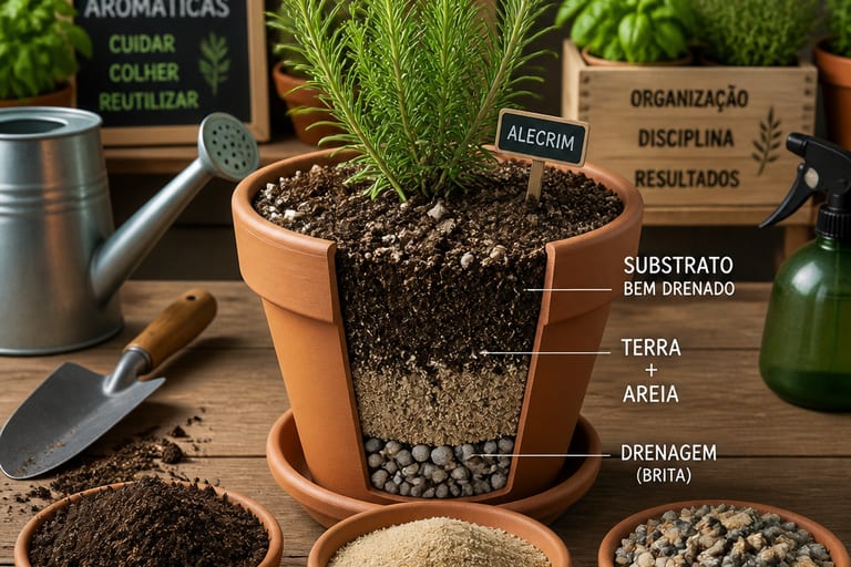 Vaso de planta aromática com mistura de terra e areia em ambiente de cultivo organizado.