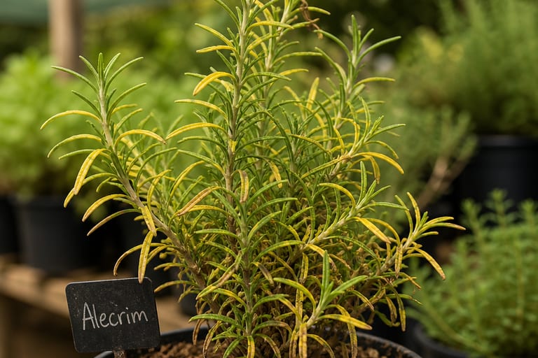 Planta aromática com folhas amareladas em um ambiente de cultivo, evidenciando sinais de estresse.