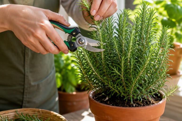 Pessoa podando folhas de uma planta aromática com tesoura de poda em um ambiente bem iluminado.