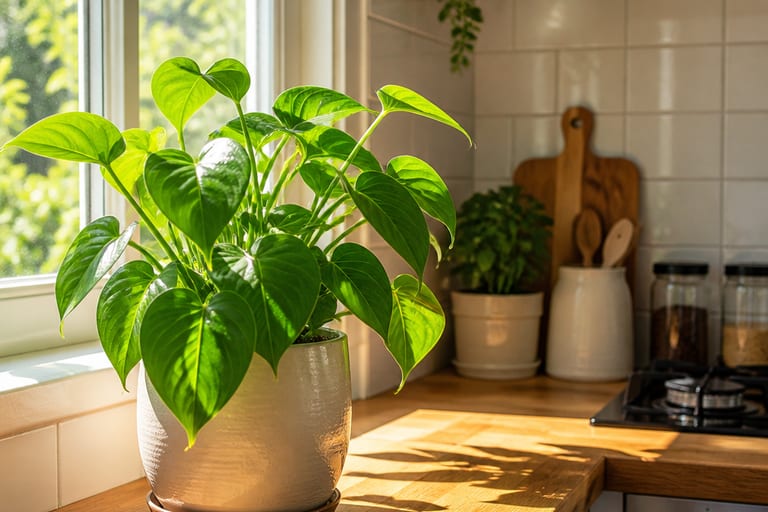Planta com folhas verdes recebendo luz solar direta em uma cozinha bem iluminada.