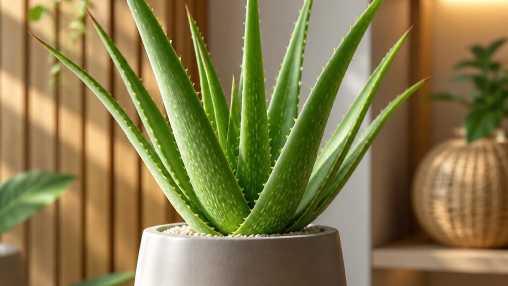 Aloe vera em vaso moderno, em ambiente iluminado e decorado.