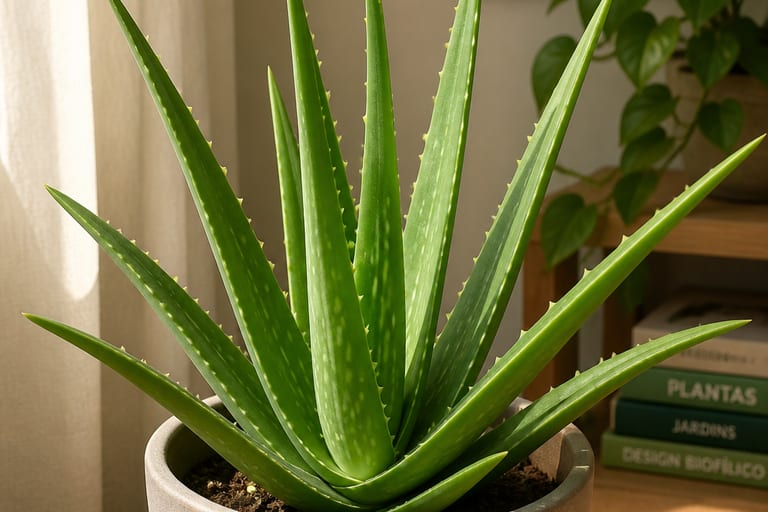 Planta de aloe vera com folhas verdes em um ambiente interno, recebendo luz solar indireta.