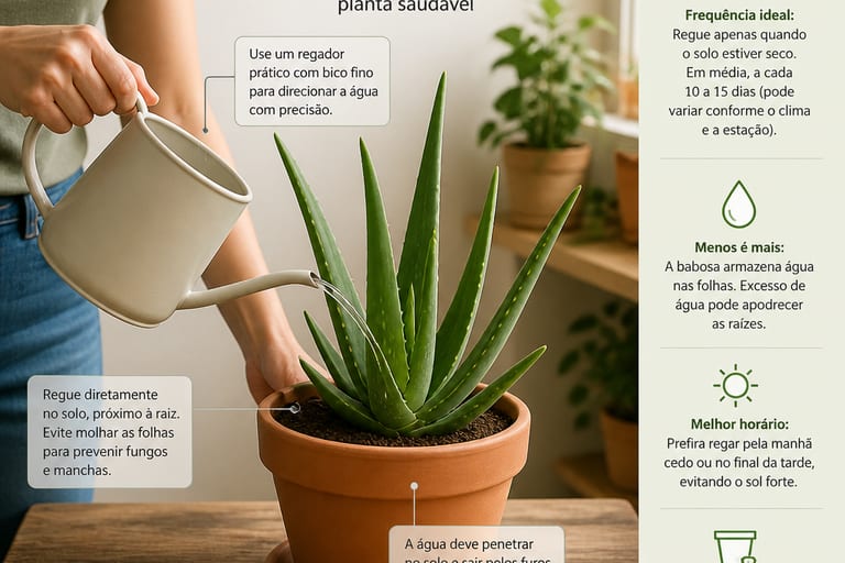 Pessoa regando uma planta de aloe vera com um regador, mostrando a técnica adequada de rega.