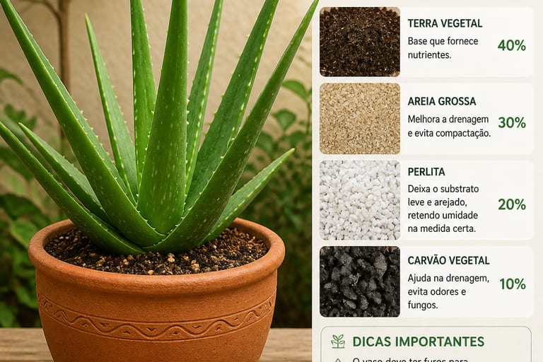 Vaso de barro contendo uma planta de aloe vera saudável, com destaque para a mistura de substrato.