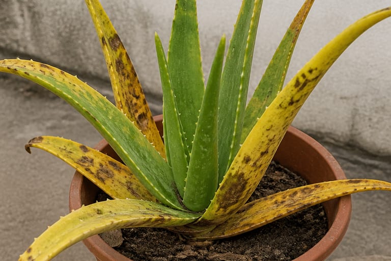 Aloe vera com folhas amareladas e manchas, indicando problemas de cultivo.