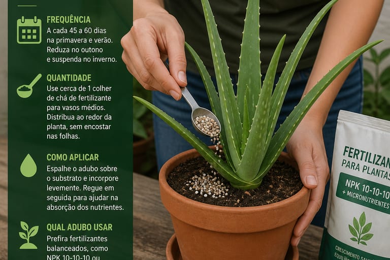 Pessoa aplicando fertilizante em uma planta de aloe vera.