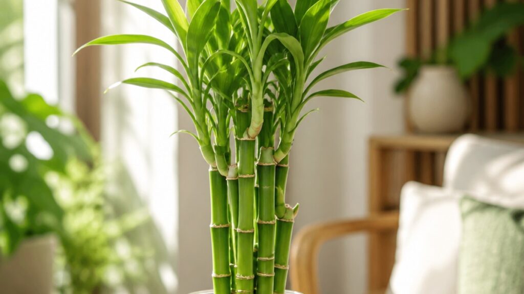 Bambu da sorte em um ambiente iluminado, mostrando suas folhas verdes e caules verticais em um vaso decorativo.