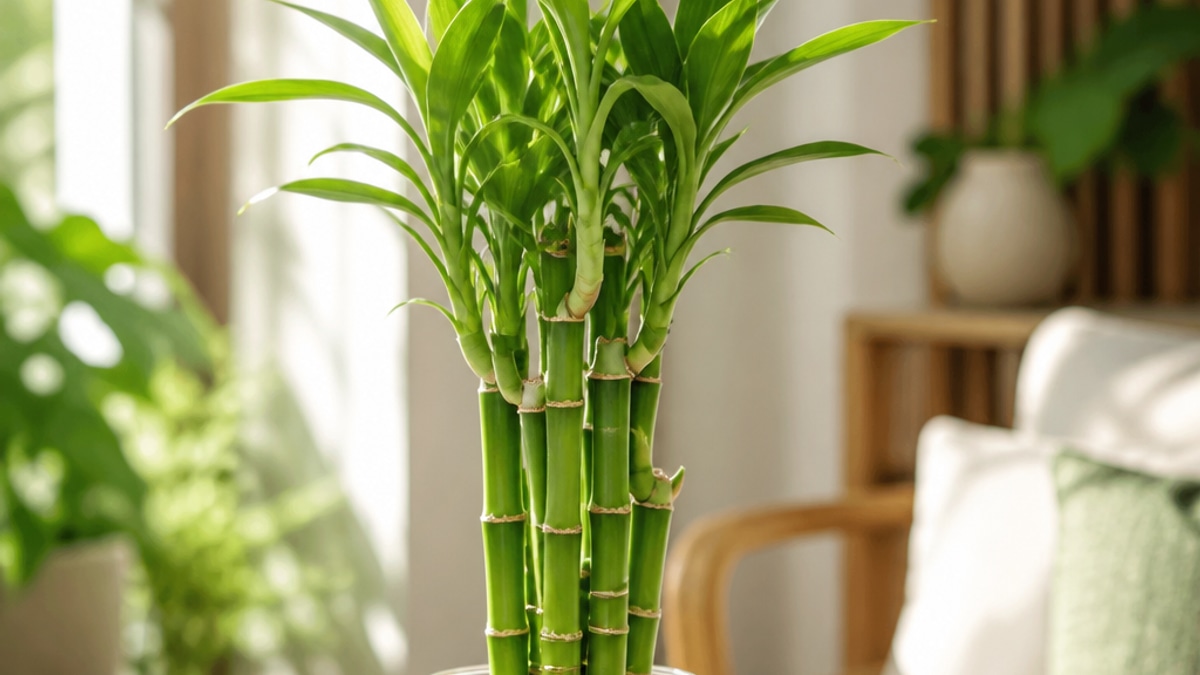 Bambu da sorte em um ambiente iluminado, mostrando suas folhas verdes e caules verticais em um vaso decorativo.
