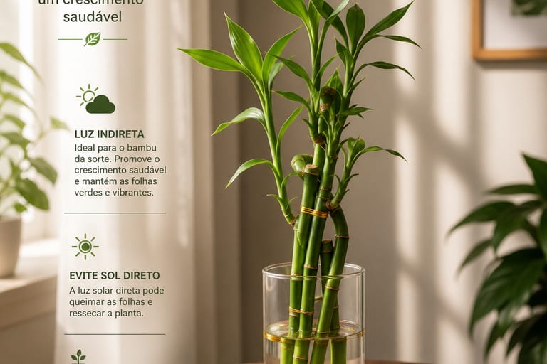 Planta de bambu da sorte recebendo luz indireta, destacando a iluminação adequada.