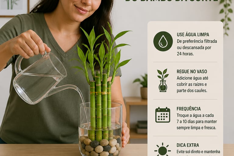 Pessoa regando uma planta de bambu da sorte, demonstrando a técnica correta de rega.